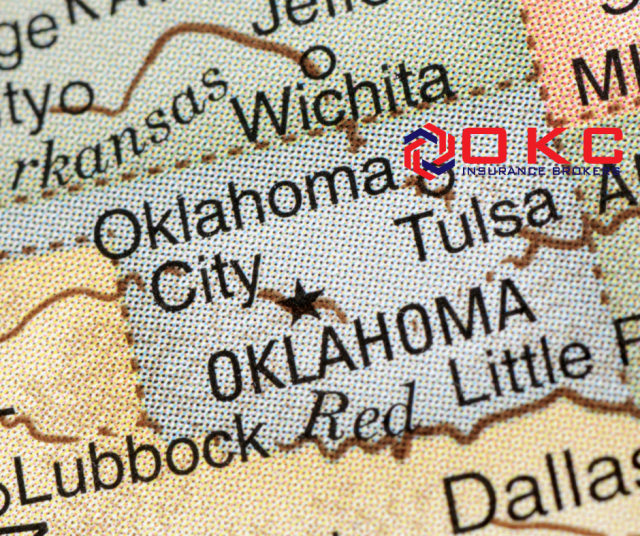 Map of Oklahoma showing Oklahoma City location with OKC Insurance Brokers logo local insurance broker near 122nd and MacArthur.